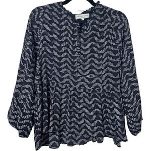 APIECE APART 100% Silk Blouse 3/4 Sleeve Babydoll Flowy Top Navy Blue size 6 C14